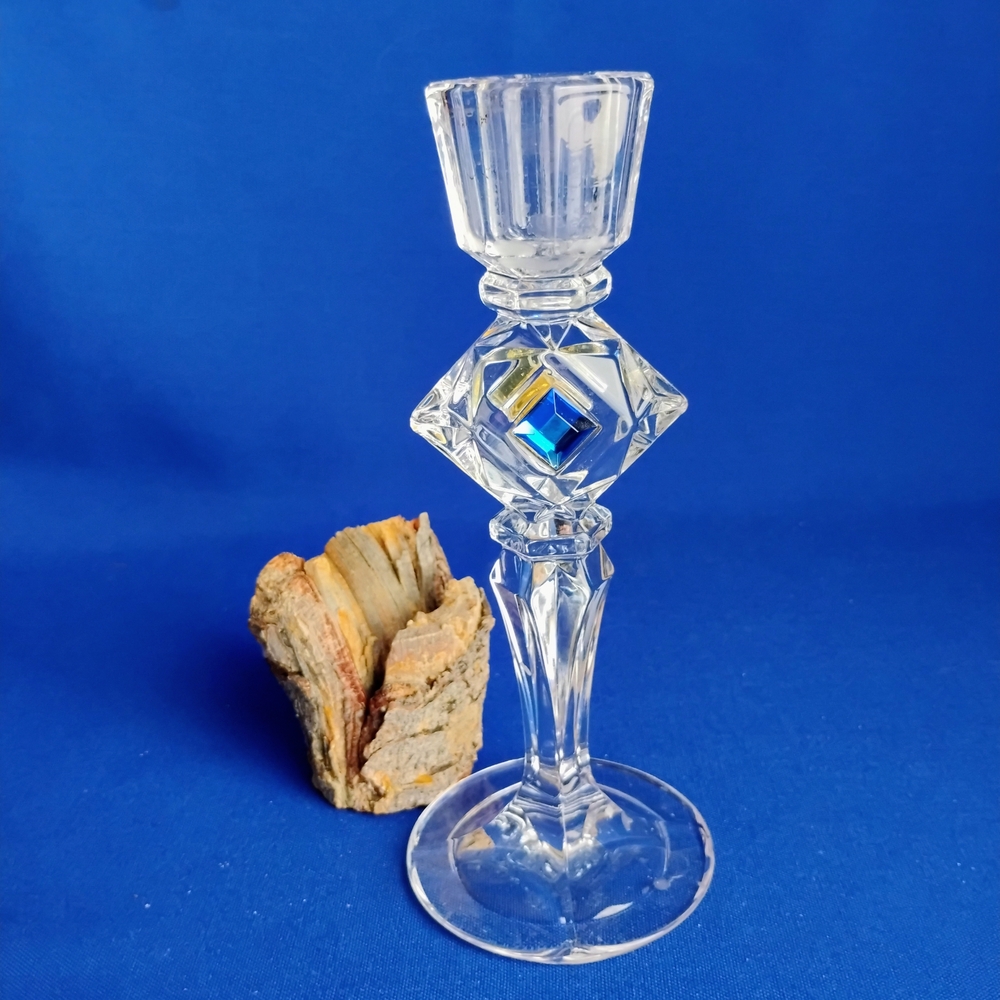 Elegant Glass Candle Holder Blue Rhinestone
